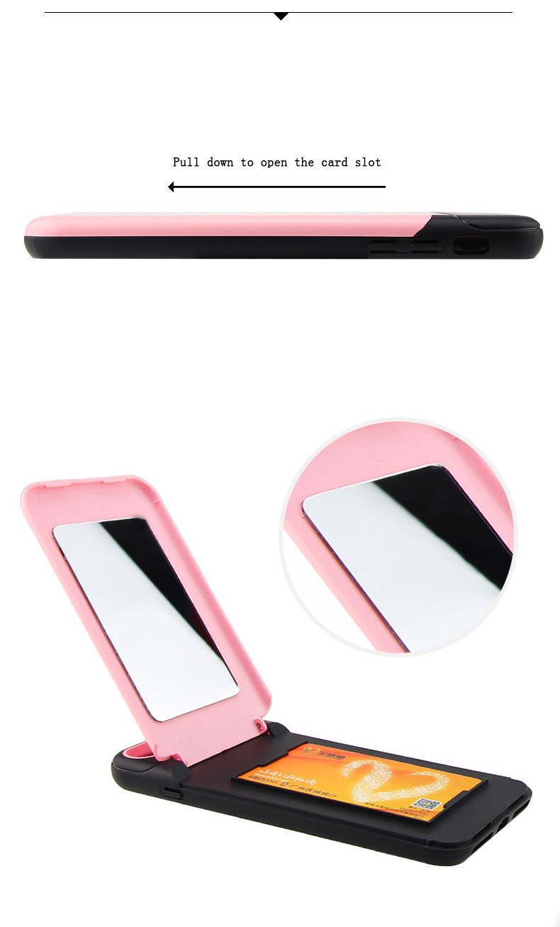 TPU PC 2 in 1 pink card slot phone case with a mirror for iphone X 6splus 7plus