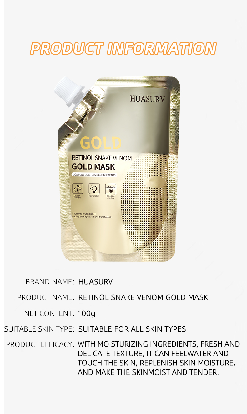 Private Label 24k Gold Retinol Snake Venom Anti Aging Hydrating Peel Off Face Masked Beauty Gold Facial Mask Skincare Skin Care