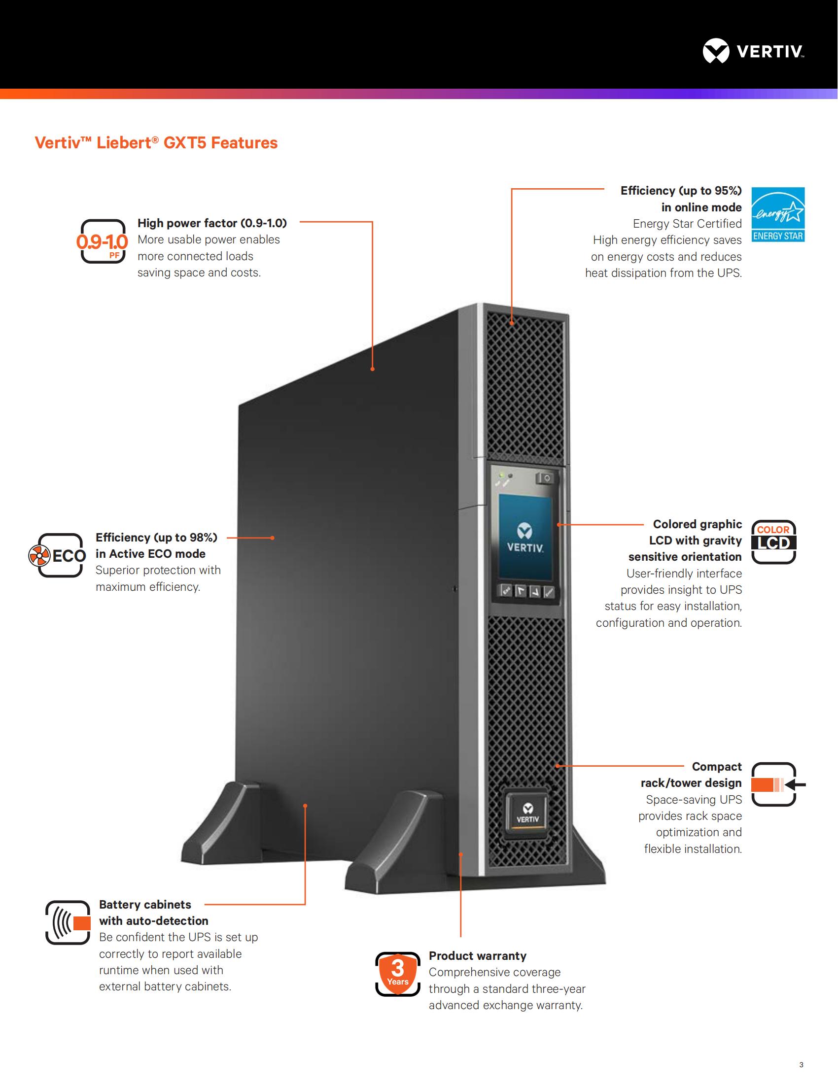 Compact Vertiv Liebert GXT5-1500LVRT2UXL 500W 750W 1KW 1500W 2KW 3KW Three Phase UPS for Telecommunications