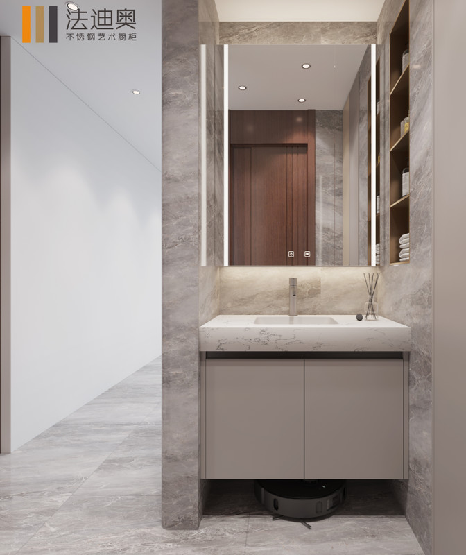 Handleless Stainless Steel Bathroom Cabinet With LED Mirror And Rock Slab Countertop