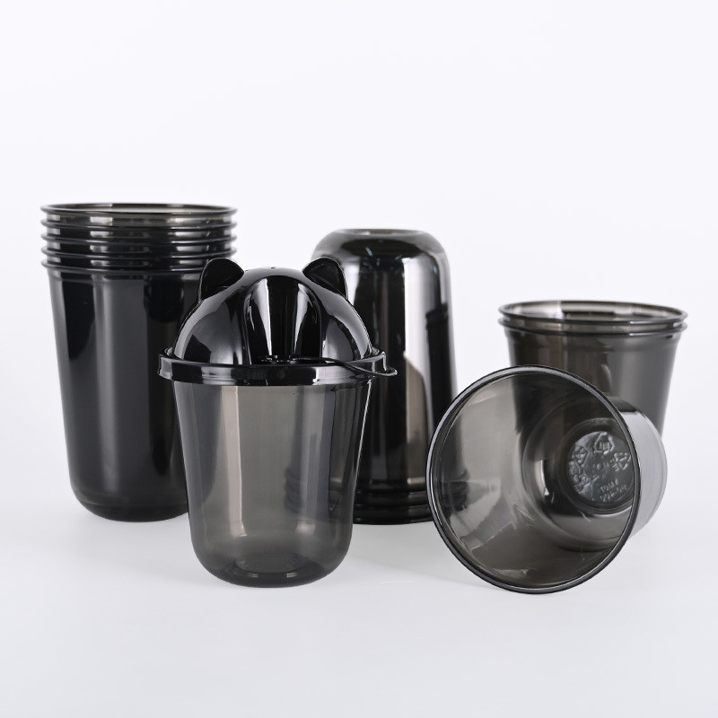 Disposable Black Frosted Plastic Cups With Panda Ear Lid Drinking Plastic Cups