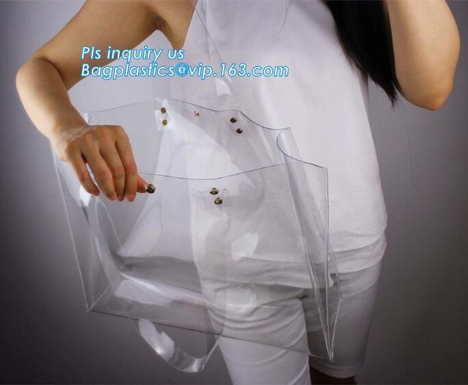 patch handle pe die cut large clear plastic bags with your own logo, pvc tote bag with leather handles tote bag PVC hand