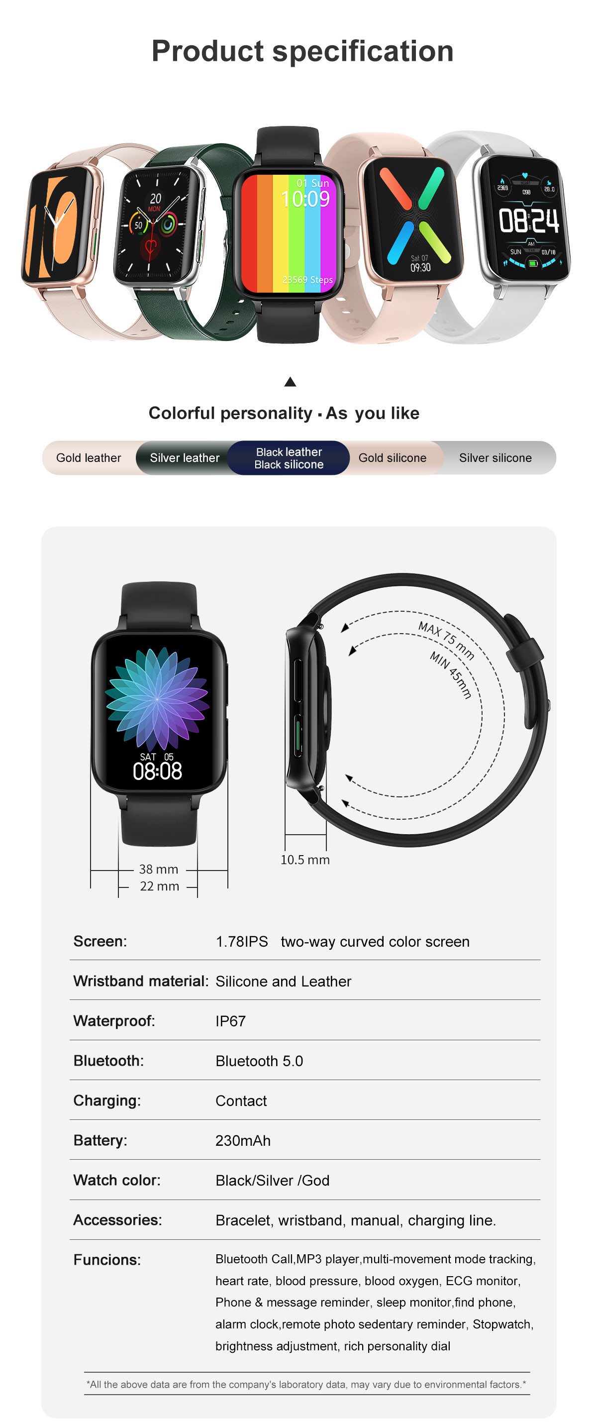 1.78 Inch 420*485 ECG Mp3 Heart Rate Healthy Sport Smart Watch