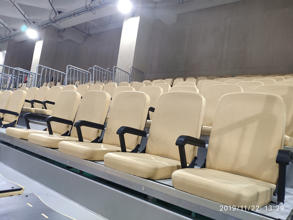 White Armchair Telescopic Bleacher Seating System Remote Control