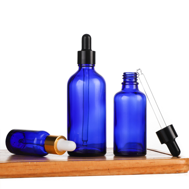 Frosted Blue Glass Cosmetic Face Serum Bottles Custom Empty Luxury Hair Essential Oil Dropper Bottle with Box Sample Free