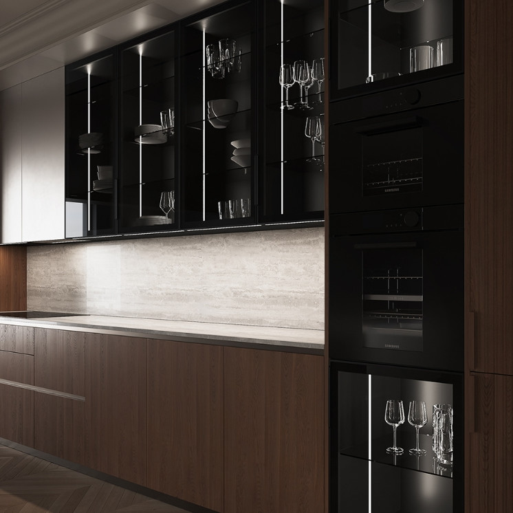 Contemporary Wood Grain Kitchen Set Furniture Cabinet And Stainless Steel Countertop For Apartment