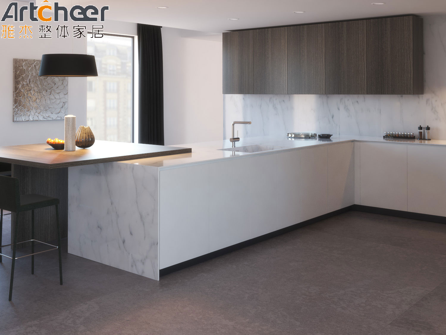 Beveled Glass Door White Kitchen Cabinet in Minimalist Design Style for Project Promotion