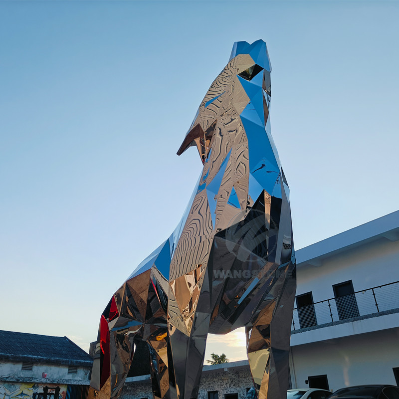 Large Outdoor Stainless Steel Geometric Animal Sculpture Howling Wolf Statue