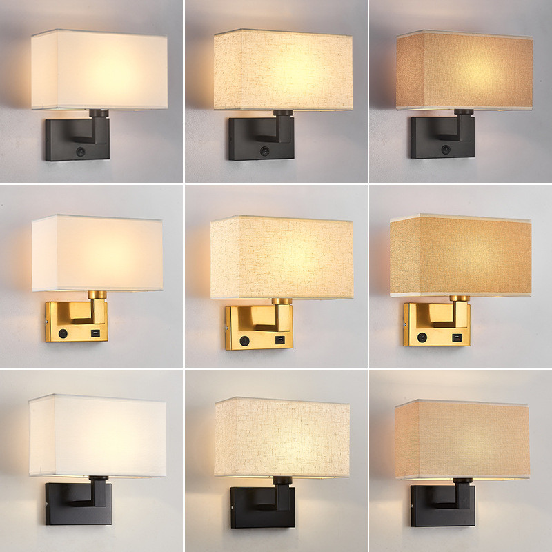 USB hotel bedside lamp bedroom bedhead wall lamp indoor fabric shade modern reading light wall lamp interior