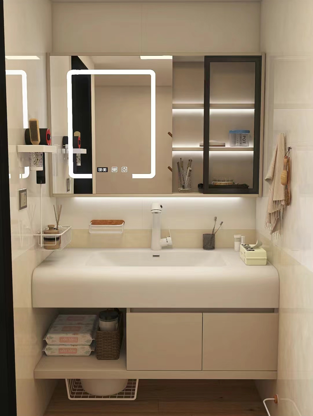 End Luxury Modern Design 28 72 inch Fluted PVC Membrane Narrow Floating Bathroom Vanities Cabinet Set
