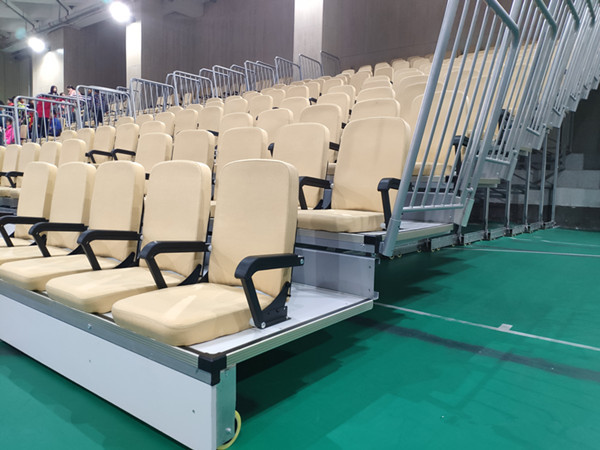 White Armchair Telescopic Bleacher Seating System Remote Control