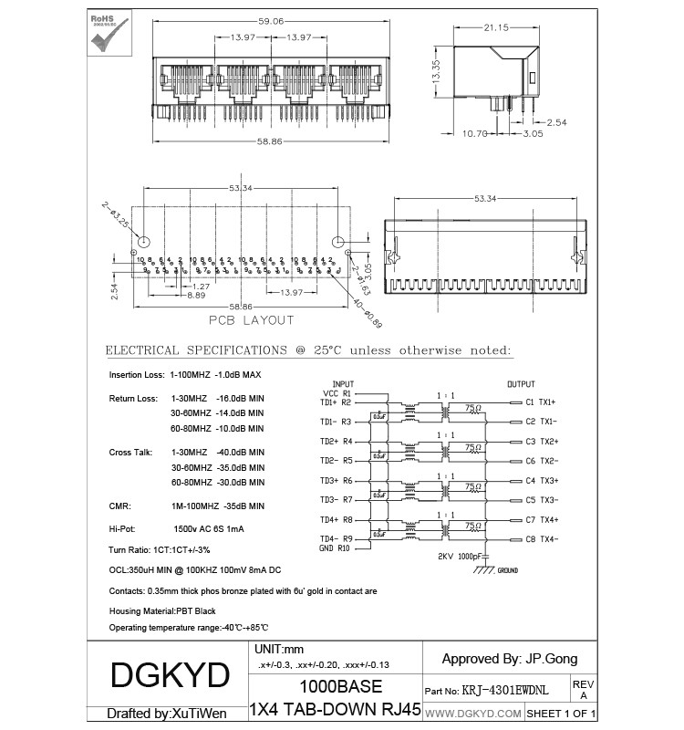 1000M 1 * 4 Four Port Transformer 10 Pin Rj45 Connector For Net Bridge Applications