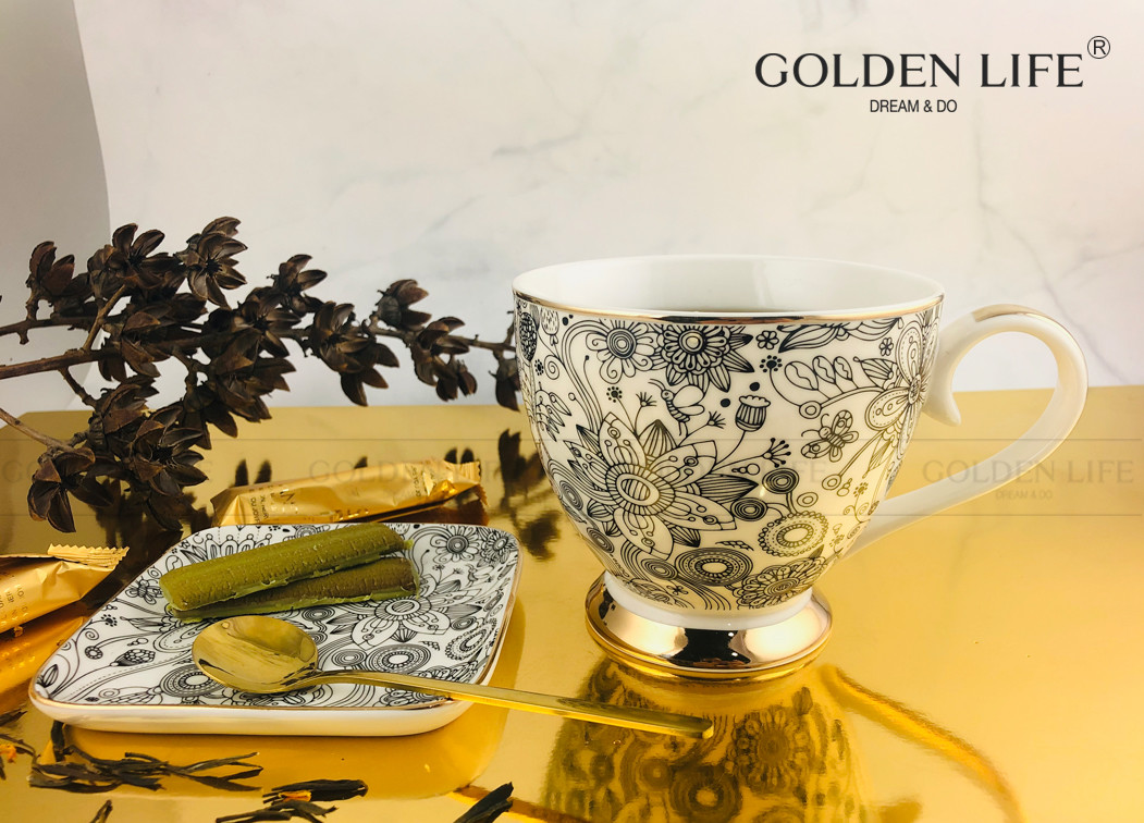 Ceramic Coffee Mug With Flower Decal New Bone China Custom Coffee Mugs For Home