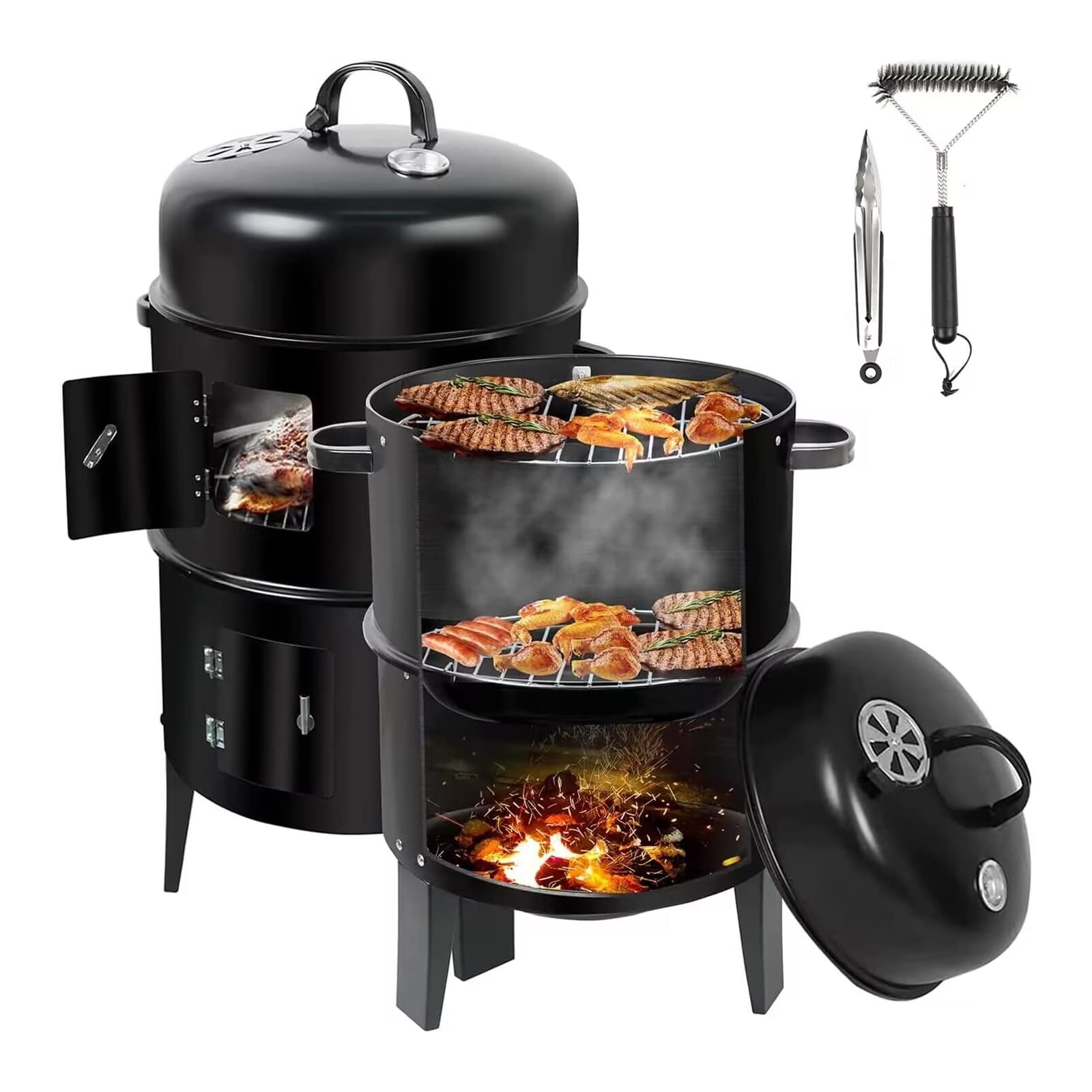 Black Stainless Steel Sokeless Charcoal Barbecue Grill 44*53*80cm Vertical 3 in 1 BBQ