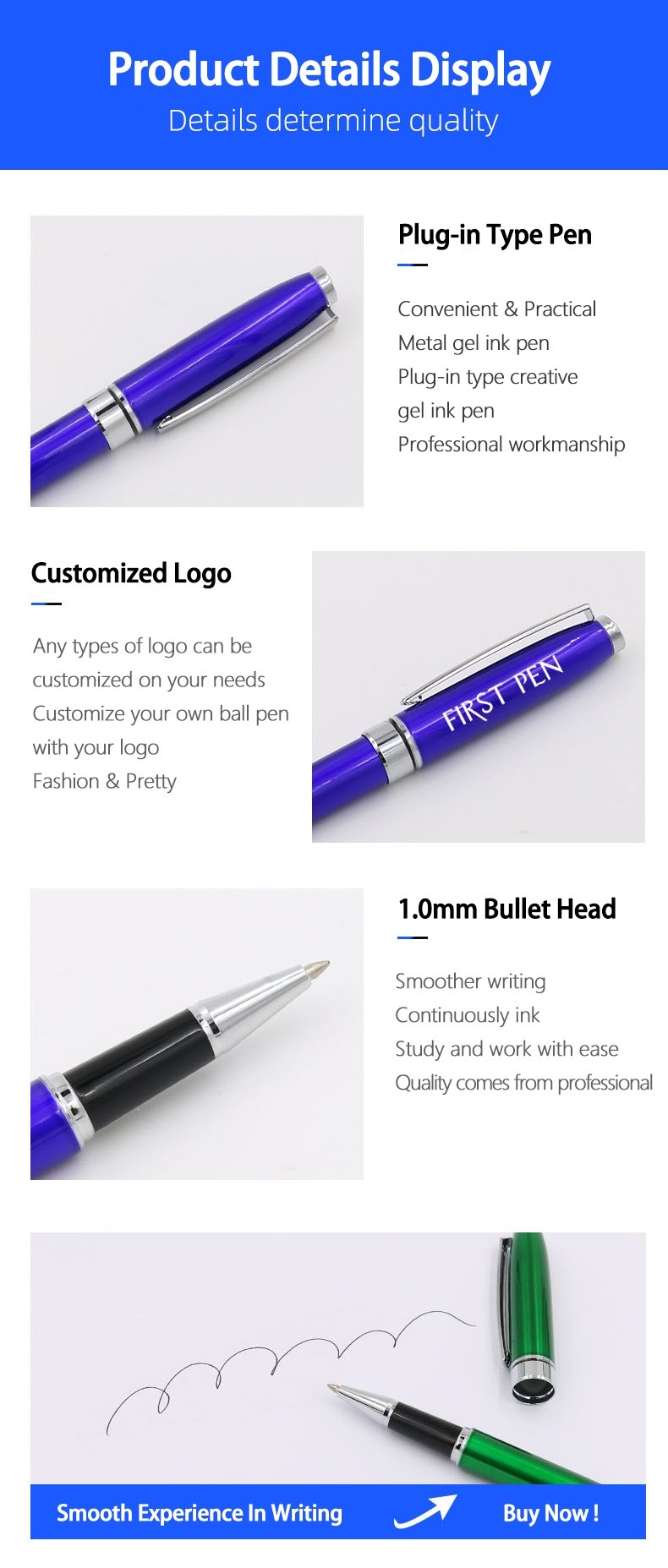 Metal Roller Ball Pen 1.0mm Bullet Tip Classic Ballpoint Pens Gel Ink Signature Pen