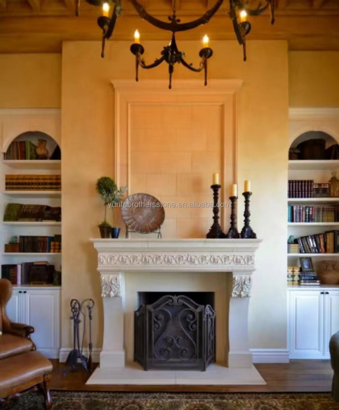 Modern Indoor Cream White Stone Fireplace Surround Polished Fireplace For Table Villa