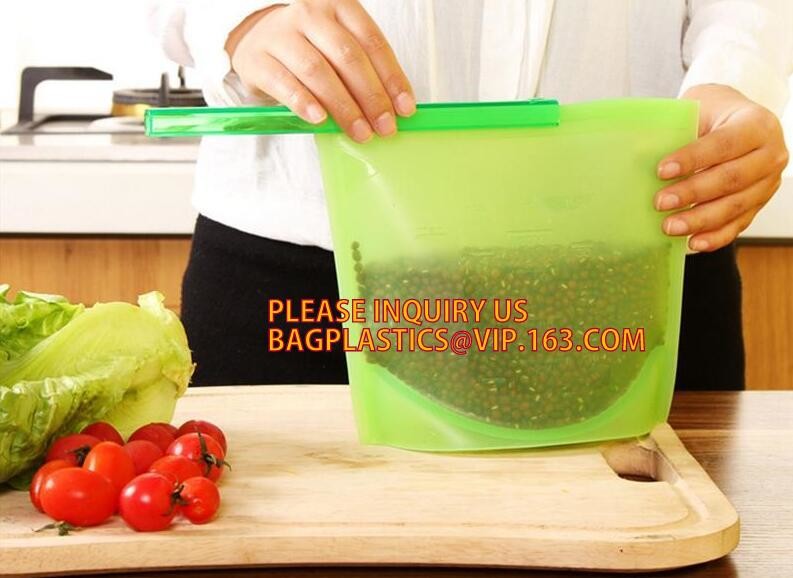 Storage preservation reusable silicone food bag,FDA reusable silicone storage food bag with Zip lockk in microwave bagease