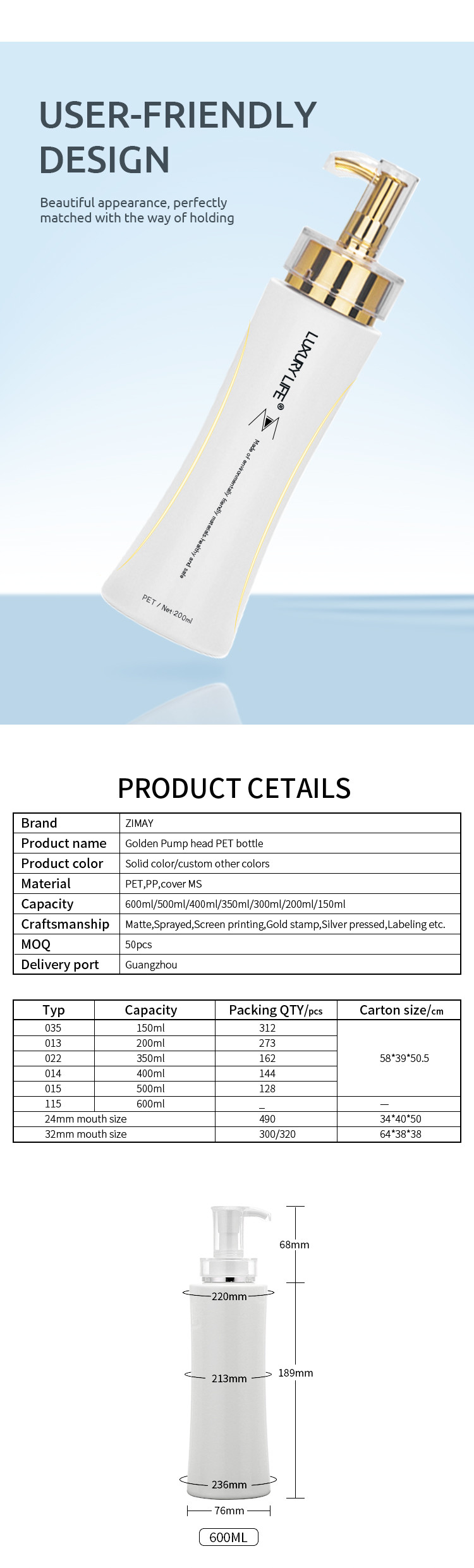 500ml Cosmetic Lotion Bottle PET Material , Empty Lotion Bottles With Pump