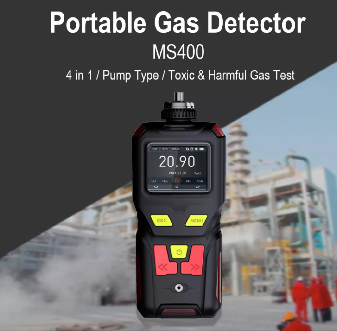 Zetron MS400-4 Portable 4 in 1 Gas Detector O2 CO H2S LEL Combustible Toxic Gas Monitor for Industrial Safety
