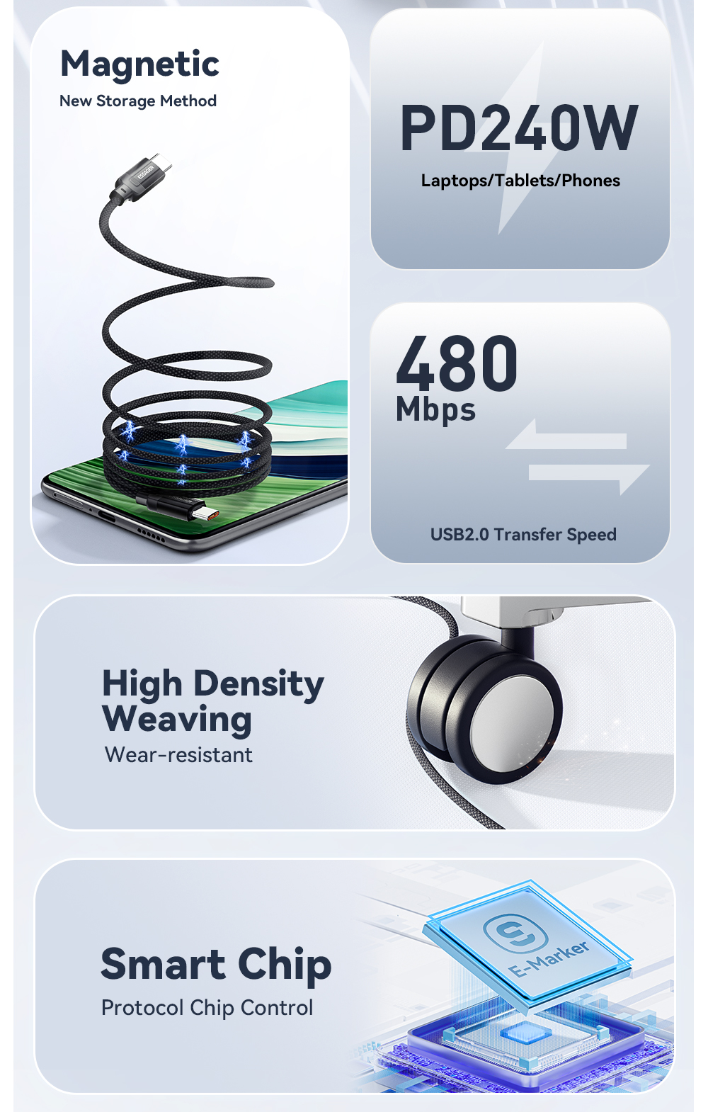 ES-X55 Series Magnetic Absorption Quick Charge Cable USB C To Type C Cable 100W 240W 1m