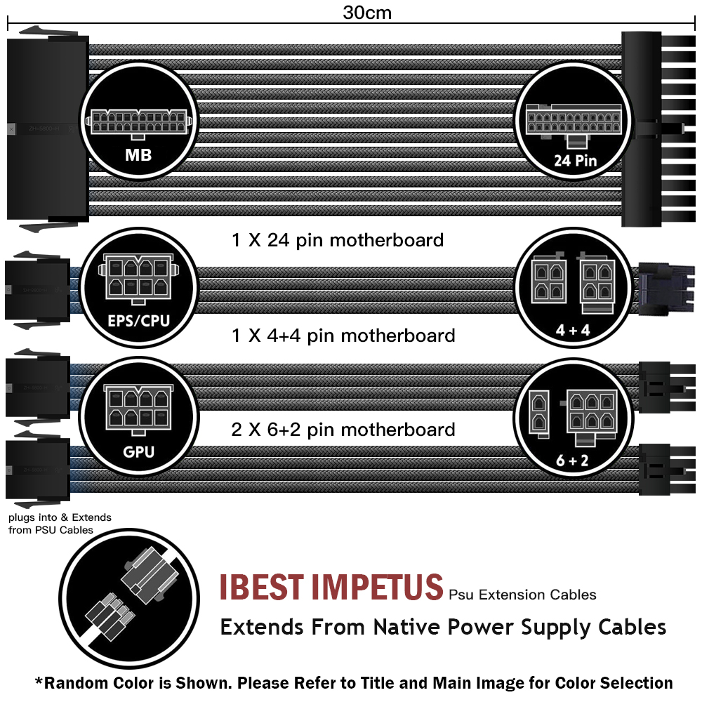 Hot Selling Arc Cable Cotton Sleeved Computer PC ATX Used Male to Female Stripped Curved Extension Cord 18AWG 300mm