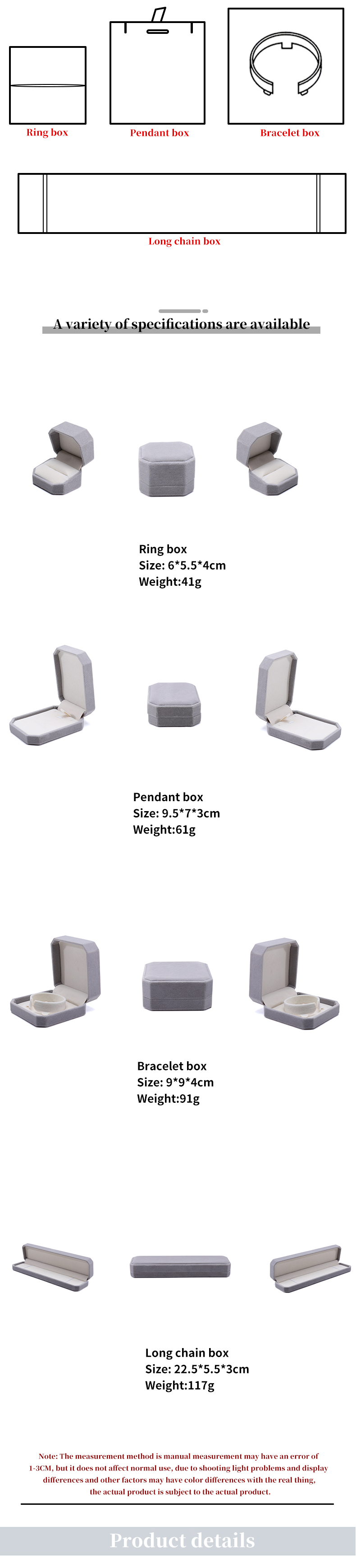Customized Gray Flannelette Octagonal Jewelry Box for Necklaces Bracelets and Rings