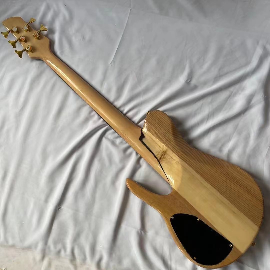 Custom Natural Wood Burl 5 Strings Electric Bass Guitar Maple Neck Through Ash Body