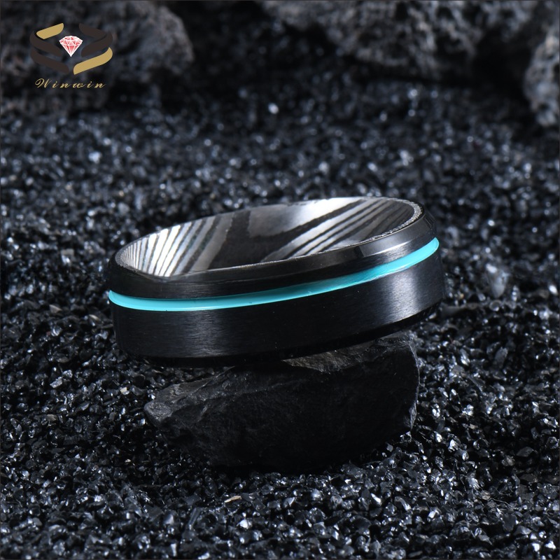 Black Tungsten Damascus Steel Men's Wedding Ring 8mm with Turquoise Grooved Line