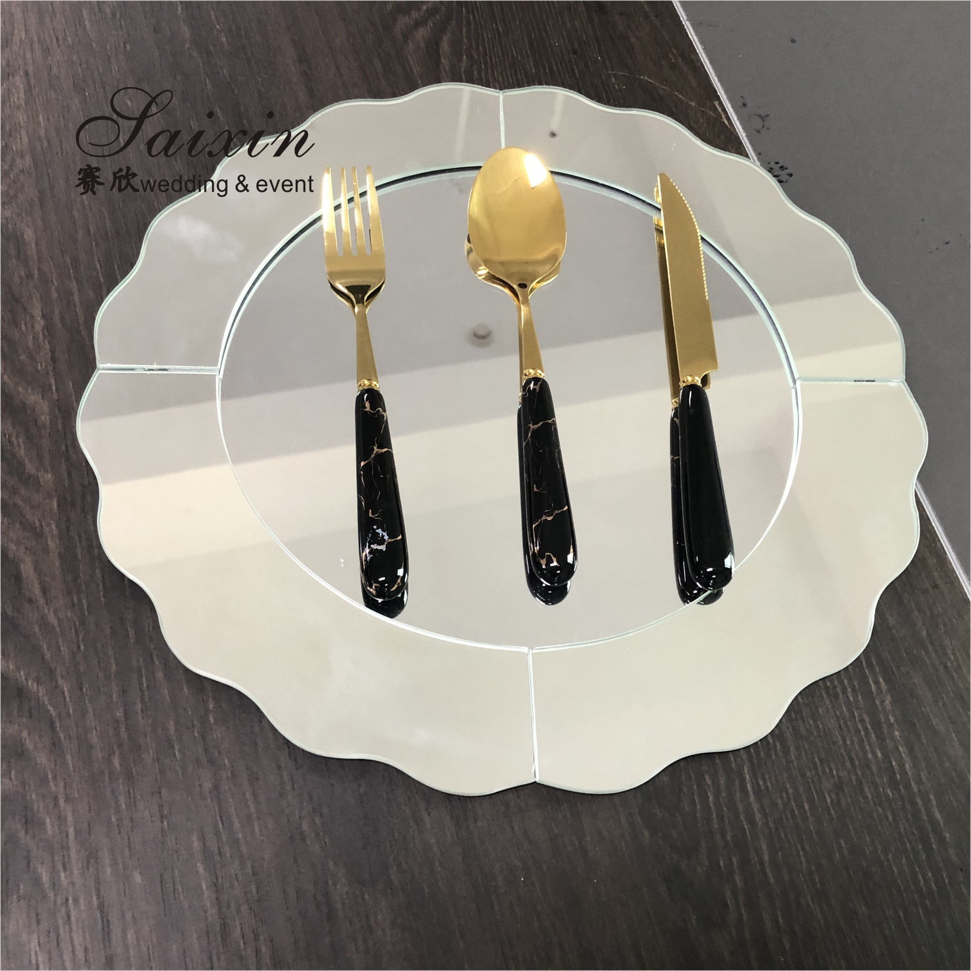 Gold Rim Mirror Charger Plate For Wedding Event Diamond Rhinestones 15 Inch
