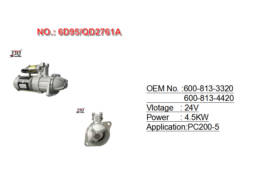 QD2761A 6D95 Komatsu Starter Motor / Auto Self Motor 6008133320 24V 4.5kw 11t