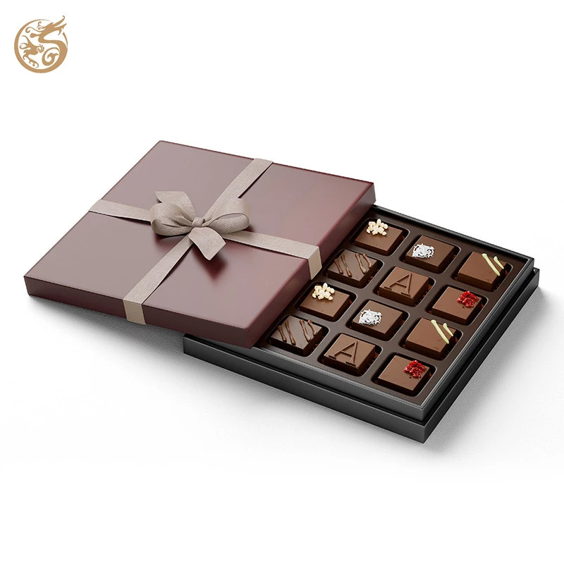 Custom Printed Chocolate Paper Box Bakery Donuts Cookie Macaron Packaging Box Brown Lid And Base Box With Ribbon