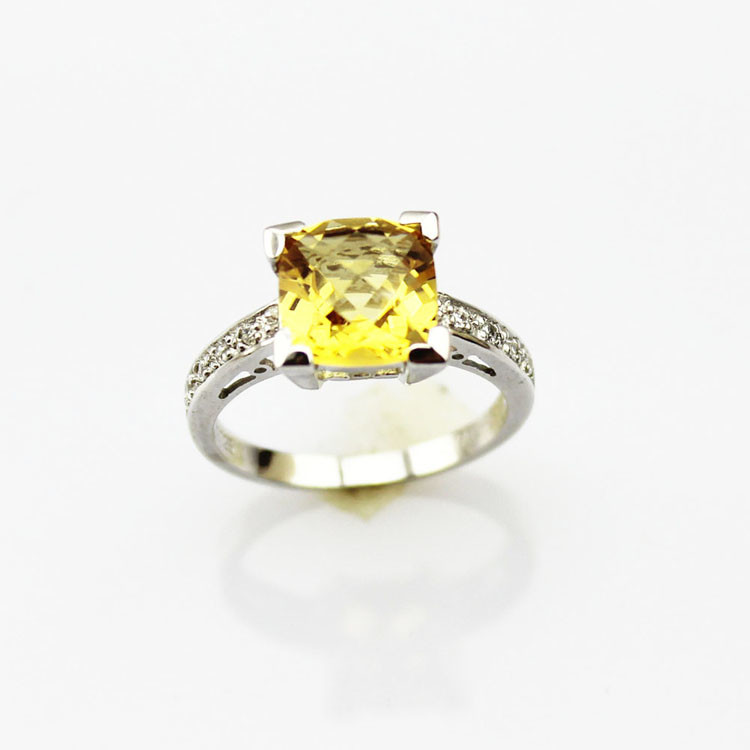 925 Sterlilng Silver Jewelry 7mmx7mm Yellow Citrine Cubic Zircon Ring(R0002)