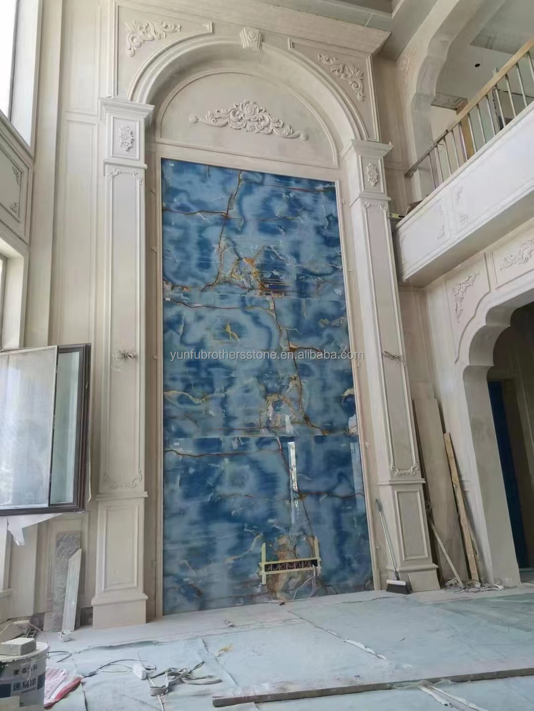 Blue Golden Onyx Stone Slabs Natural Translucent Marble for TV Background Wall Panels