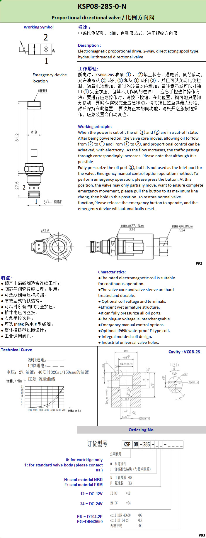 KSP08-28S-0-N Oil Directional Proportional Solenoid Valve Threaded Electromagnetic Drive