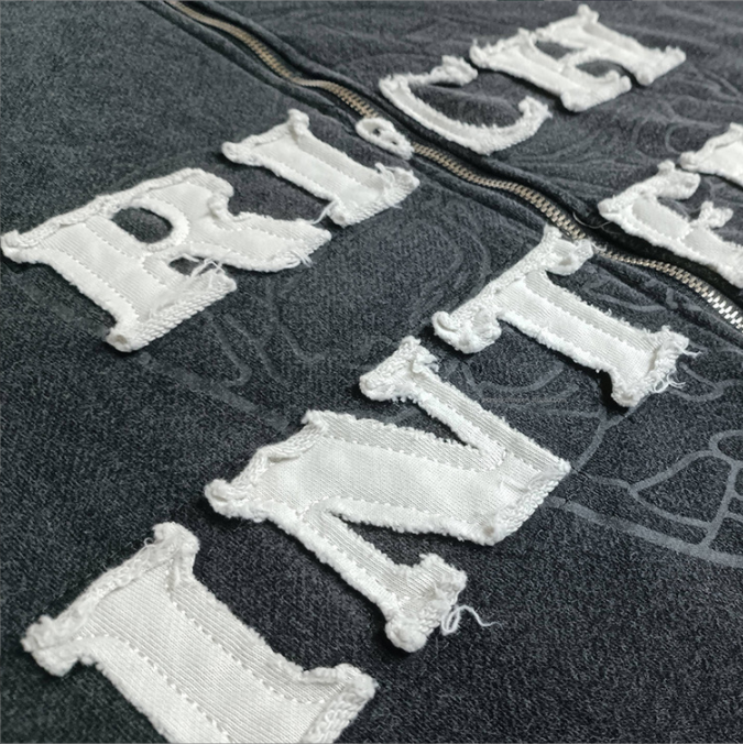 Vintage Distressed Patch Applique Embroidery Hoodie Set with Customizable Color Options