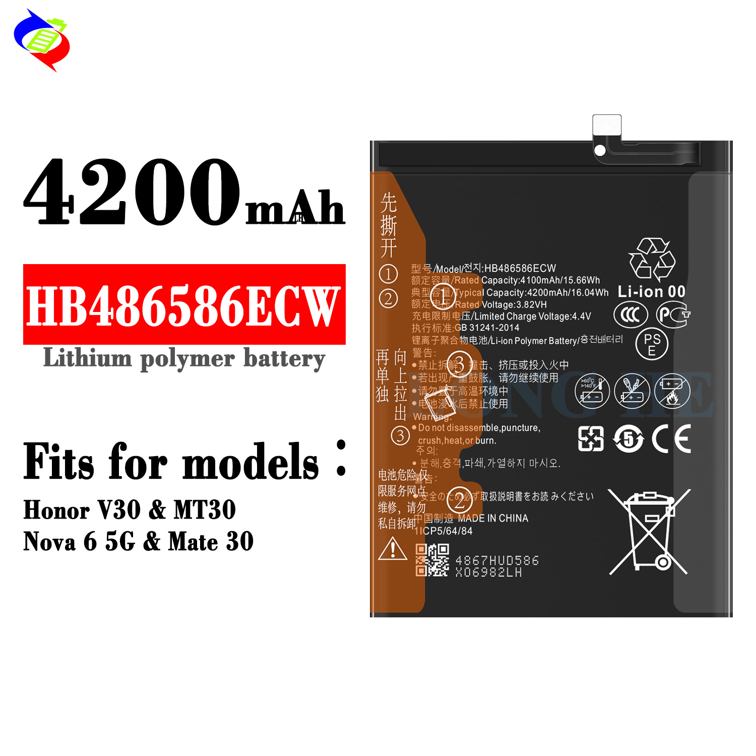 Stock HB486586ECW Li-ion Polymer Battery for Huawei Honor V30 Mate 30 Nova 6 5G P40 Lite