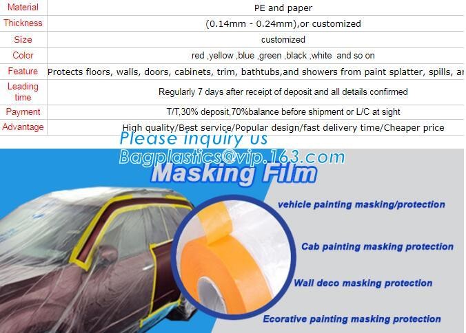 Disposable PE pre-taped self static cling masking film, Cover mask plastic drop film PE protection film with tape, BAGEA