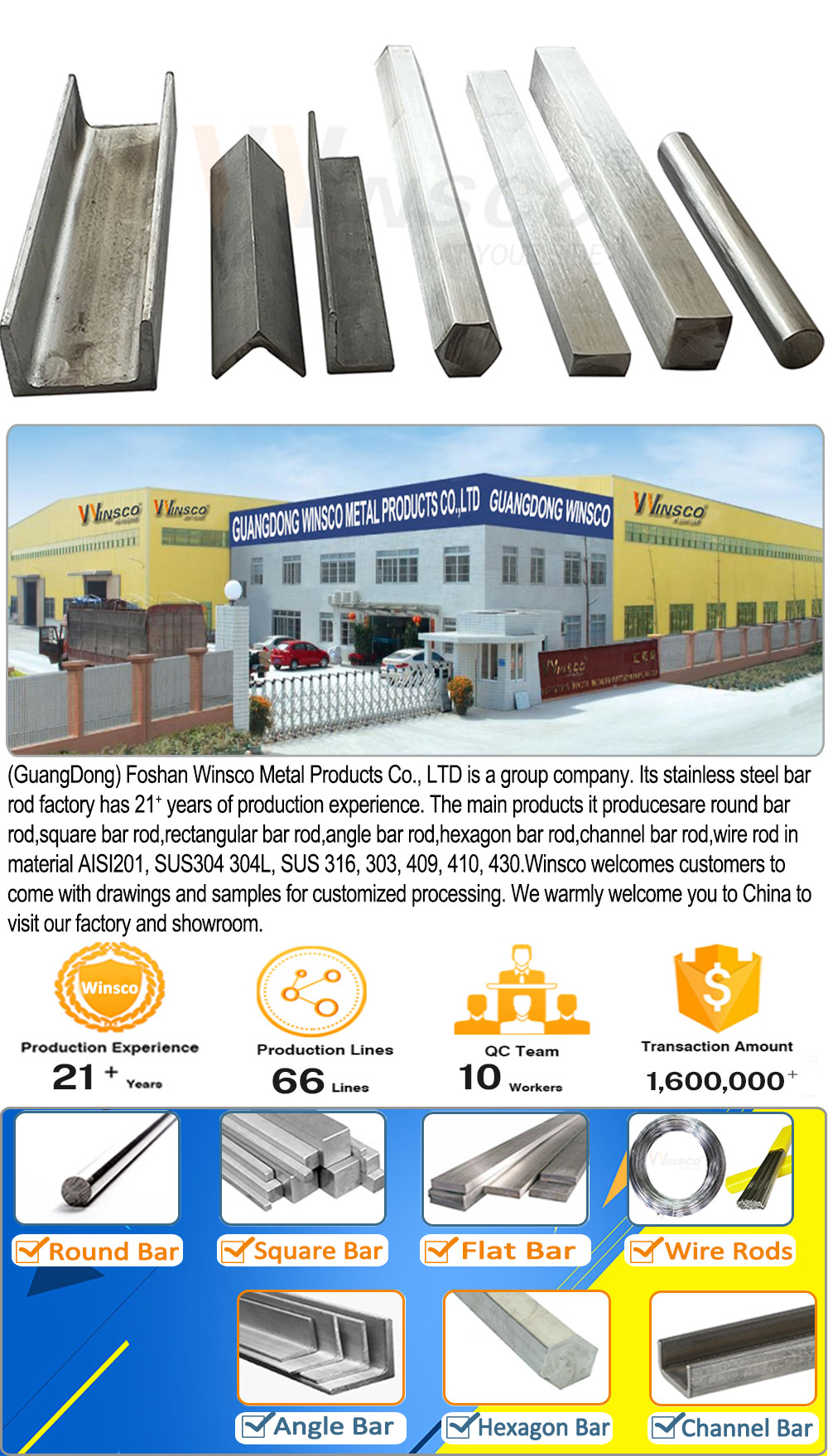 Complete Specifications SUS 201 304 316 Grade Inox Rod Round Suqare Flat Hexagon Angle Channel Shape Stainless Steel Bar