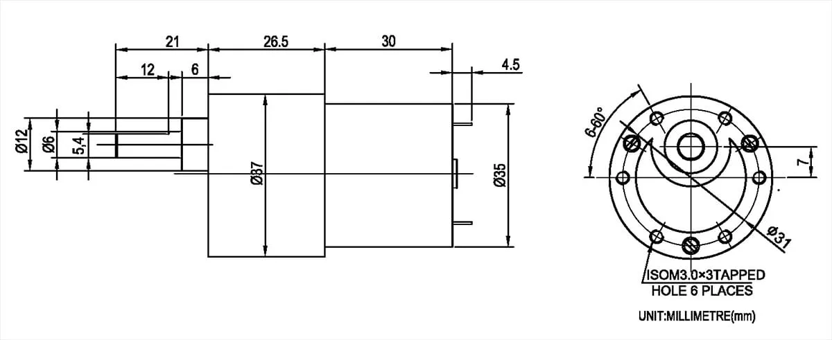 37mm 3035 Mini Dc Motor With Gearbox Gear Motor Low Rpm  Dimensions