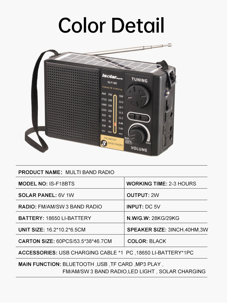 Solar Rechargeable Wireless Radio Portable Vintage Radios USB Wireless Speaker AM FM SW Multi-band Radio