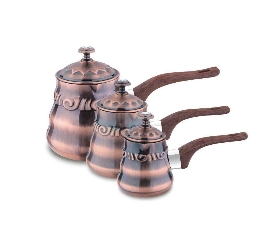 Middle east type stainless steel browen color 3 pcs milk cup with lid and bakelite handle & tea pot & coffee pot