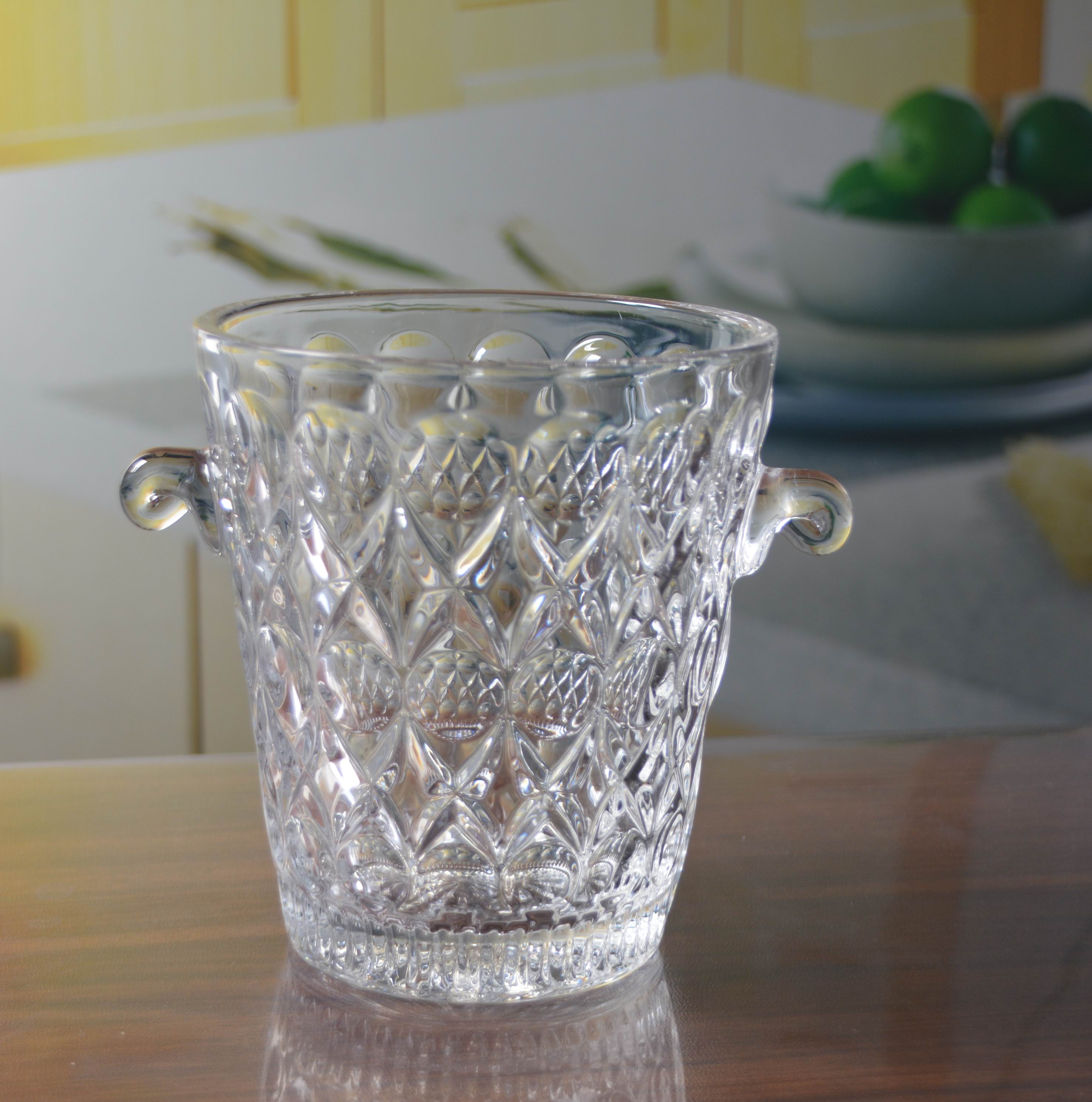 Machine Made Embossed Round Glass Bucket With Handle