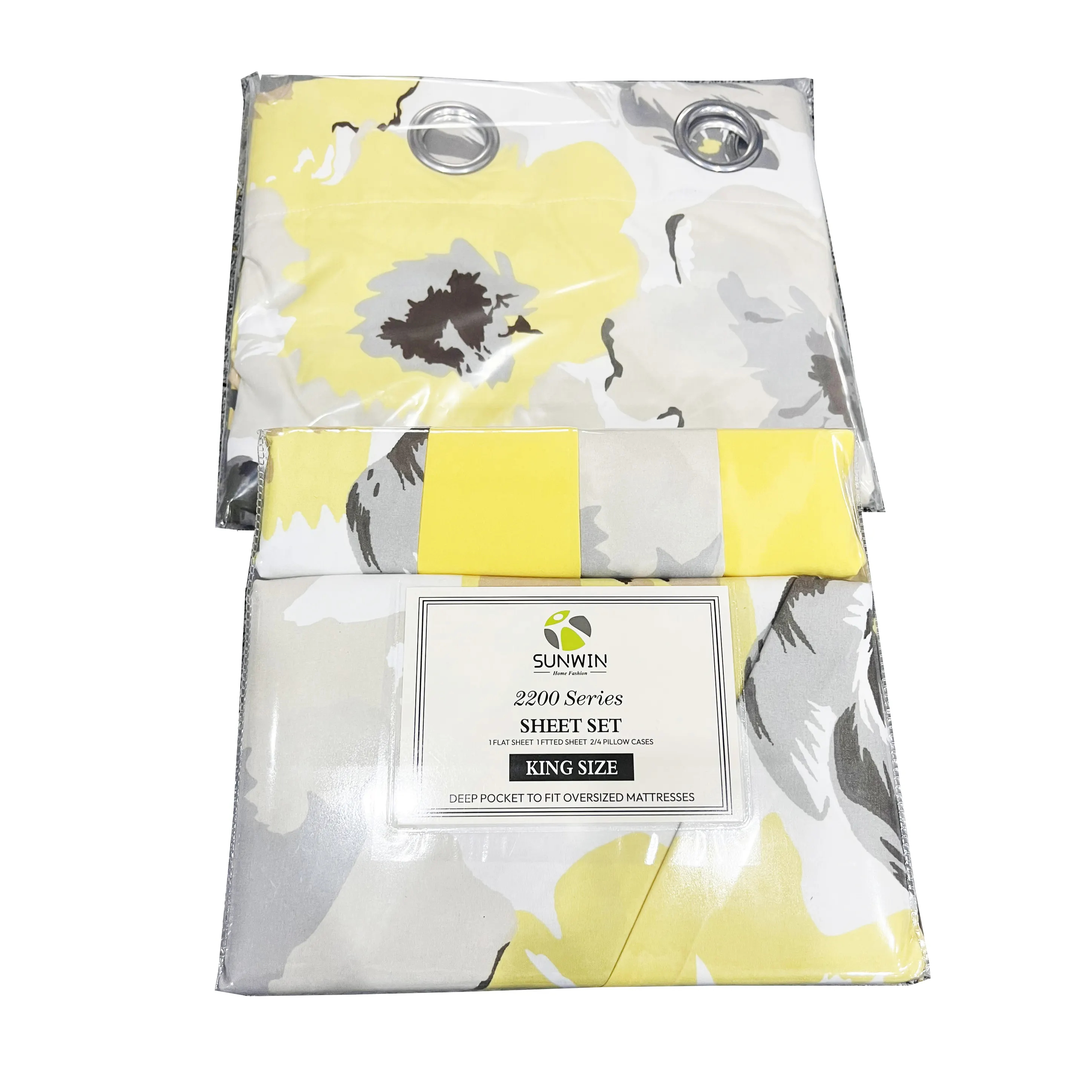 Home 100% Polyester Yellow Floral Print Bedding Set with 2 Curtains 8 Pieces