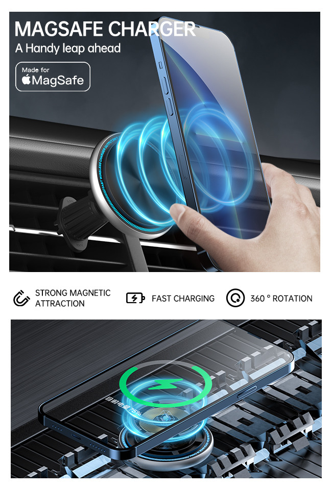 Metal Ambient Light Magsafe Car Mount Charger One Handed Easy Operation