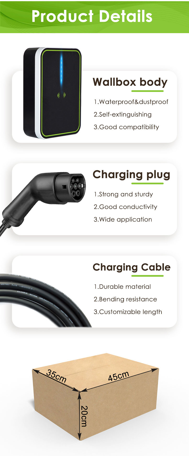 Wifi / RFID / APP optional 5m Cable Wallbox Ev Charger SAE J1772 / IEC62196 Ev Charger Station