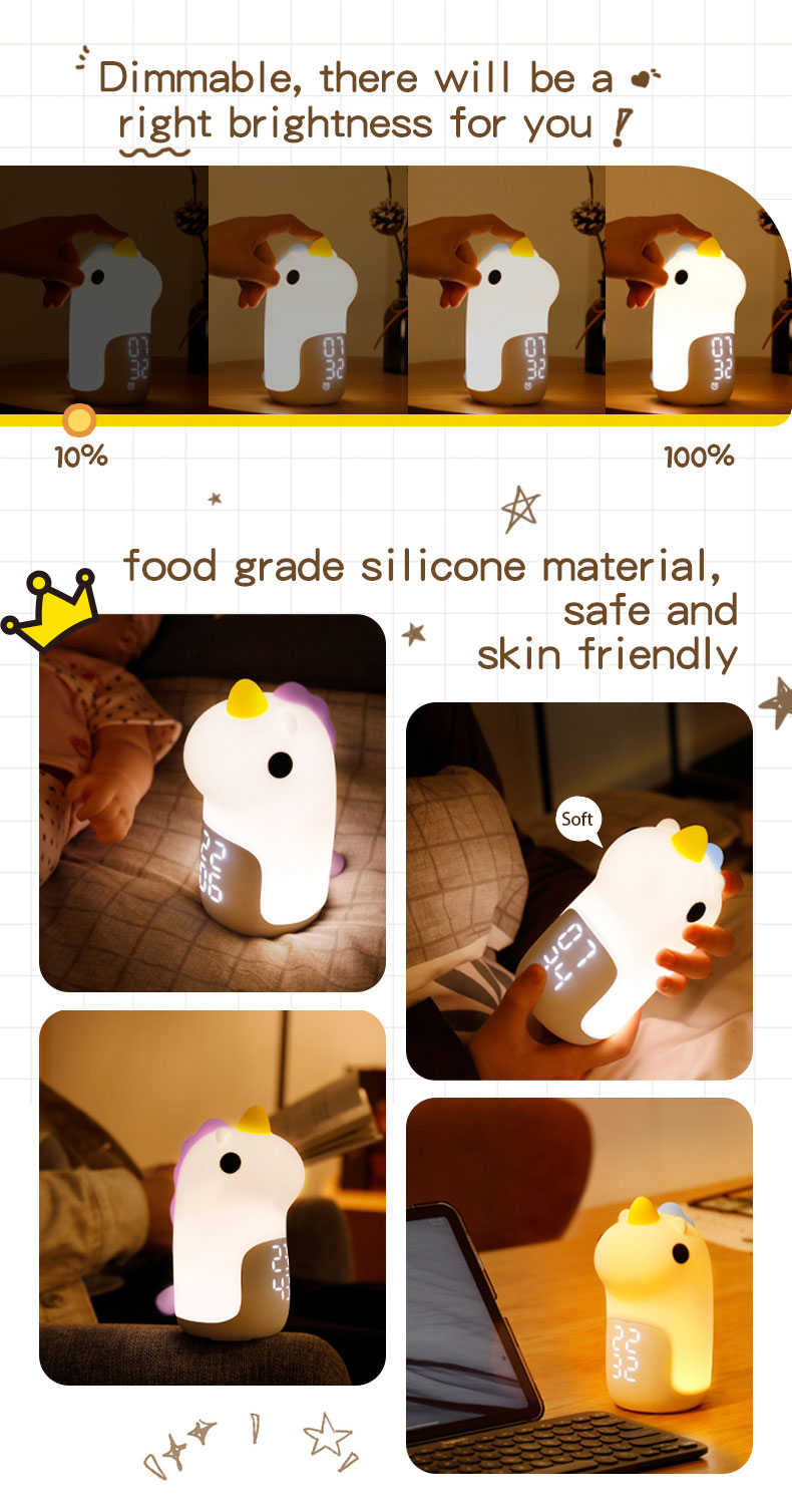 Mini Smart Unicorn Silicone Night Light Alarm Clock Support Dimmer Customized Designs