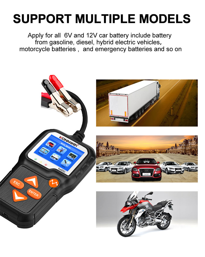 Motorcycle Grass Cutter Vehicle Diagnostic Battery Scanner KONNWEI KW650 For 6-12V Battery