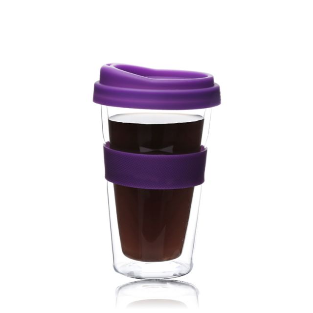 Factory direct sale Heat Resistant Hot Beverage Double Wall Glass with Silicone Transparent with dome cover coffee cup