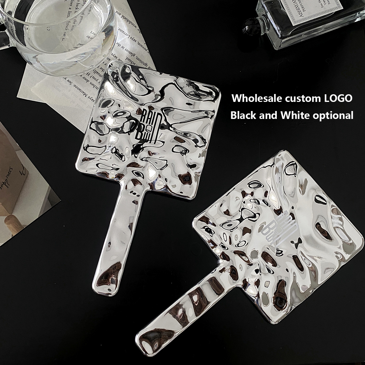 Everyday Customized Handle Hand Mirror Logo Custom Small Glitter Silver Makeup Mirrors