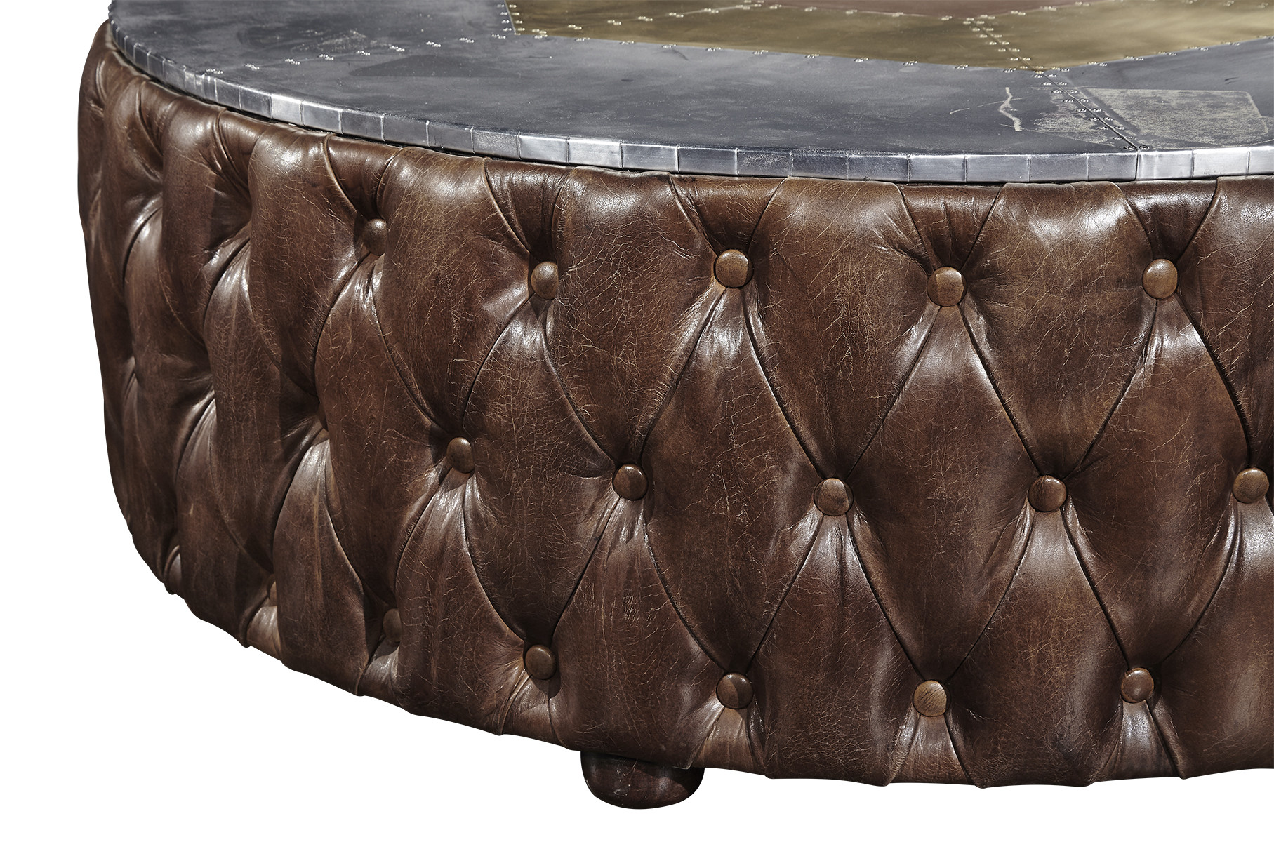 Round Shape Vintage Retro Side Coffee Table Top Genuine Leather Buttons Decoration